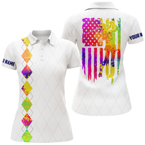 Womens golf polo shirt watercolor American flag patriotic golf shirts custom name golf gifts NQS4573