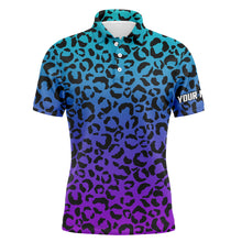 Load image into Gallery viewer, Mens golf polo shirts blue purple neon leopard pattern golf shirt custom name golf wear for mens NQS4992