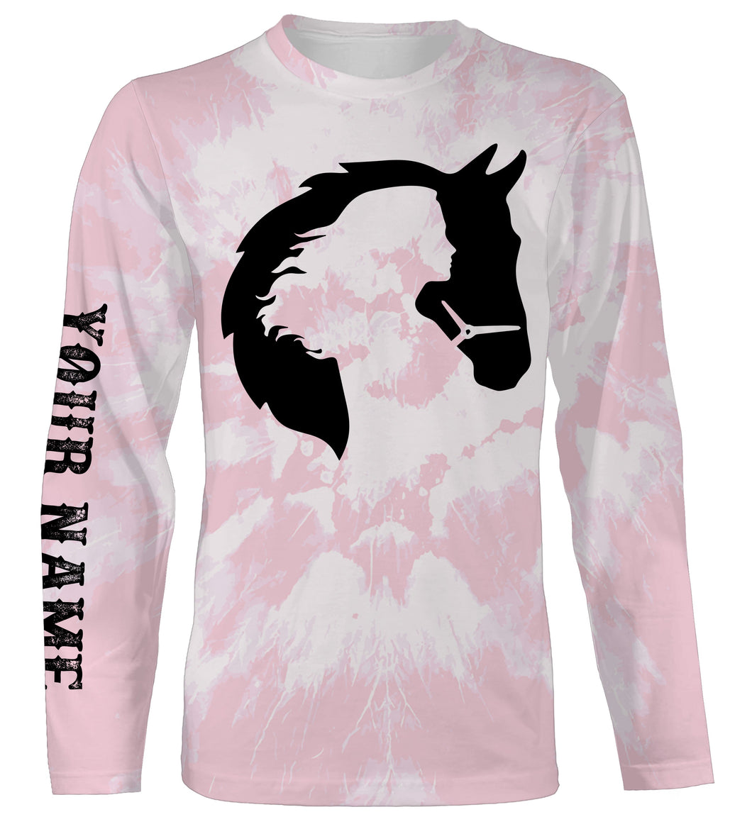 Girl riding horse pink tie dye Custom Name 3D All Over Printed Shirts Personalized horse shirt NQS3096