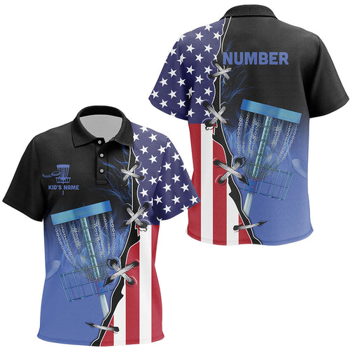 Blue flame Kid Disc golf polo shirts custom American flag disc golf jerseys, disc golf shirts NQS7330