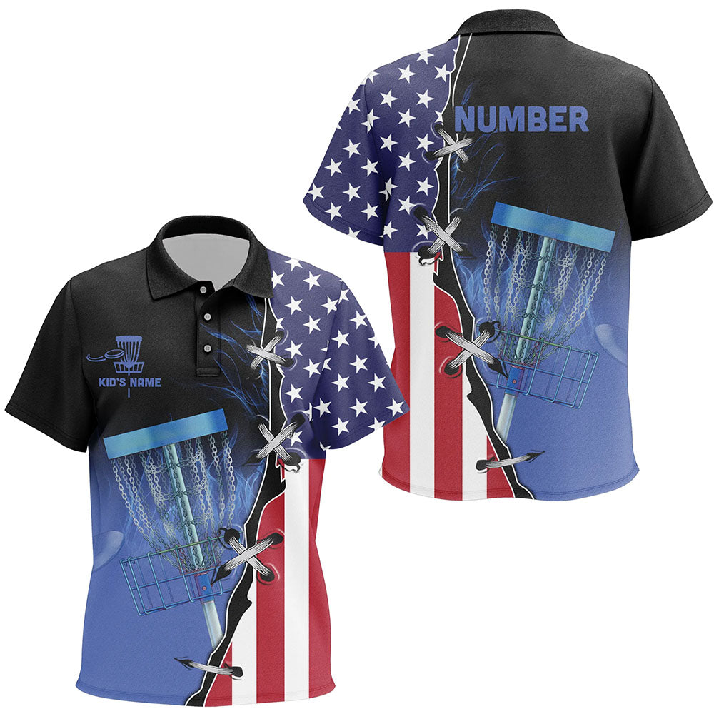 Blue flame Kid Disc golf polo shirts custom American flag disc golf jerseys, disc golf shirts NQS7330