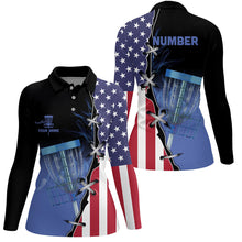 Load image into Gallery viewer, Blue flame Womens Disc golf polo shirts custom American flag disc golf jerseys, disc golf shirts NQS7330
