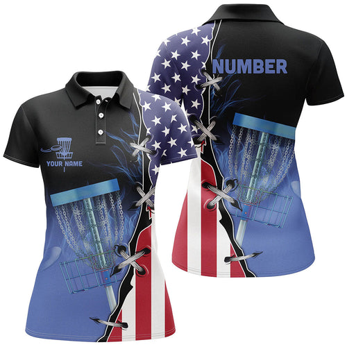 Blue flame Womens Disc golf polo shirts custom American flag disc golf jerseys, disc golf shirts NQS7330