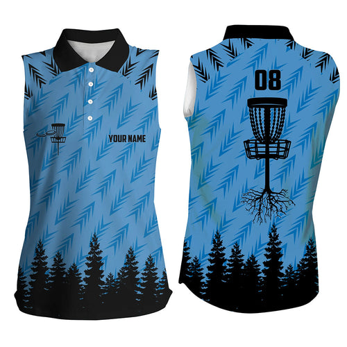 Womens disc golf sleeveless polo shirt custom disc golf basket camo Woods lady disc golf jersey| Blue NQS6438