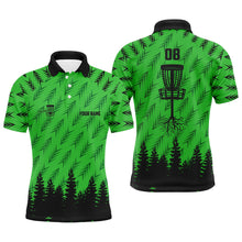 Load image into Gallery viewer, Mens disc golf polo shirt custom name, number disc golf basket camo Woods mens disc golf jersey| Green NQS6439