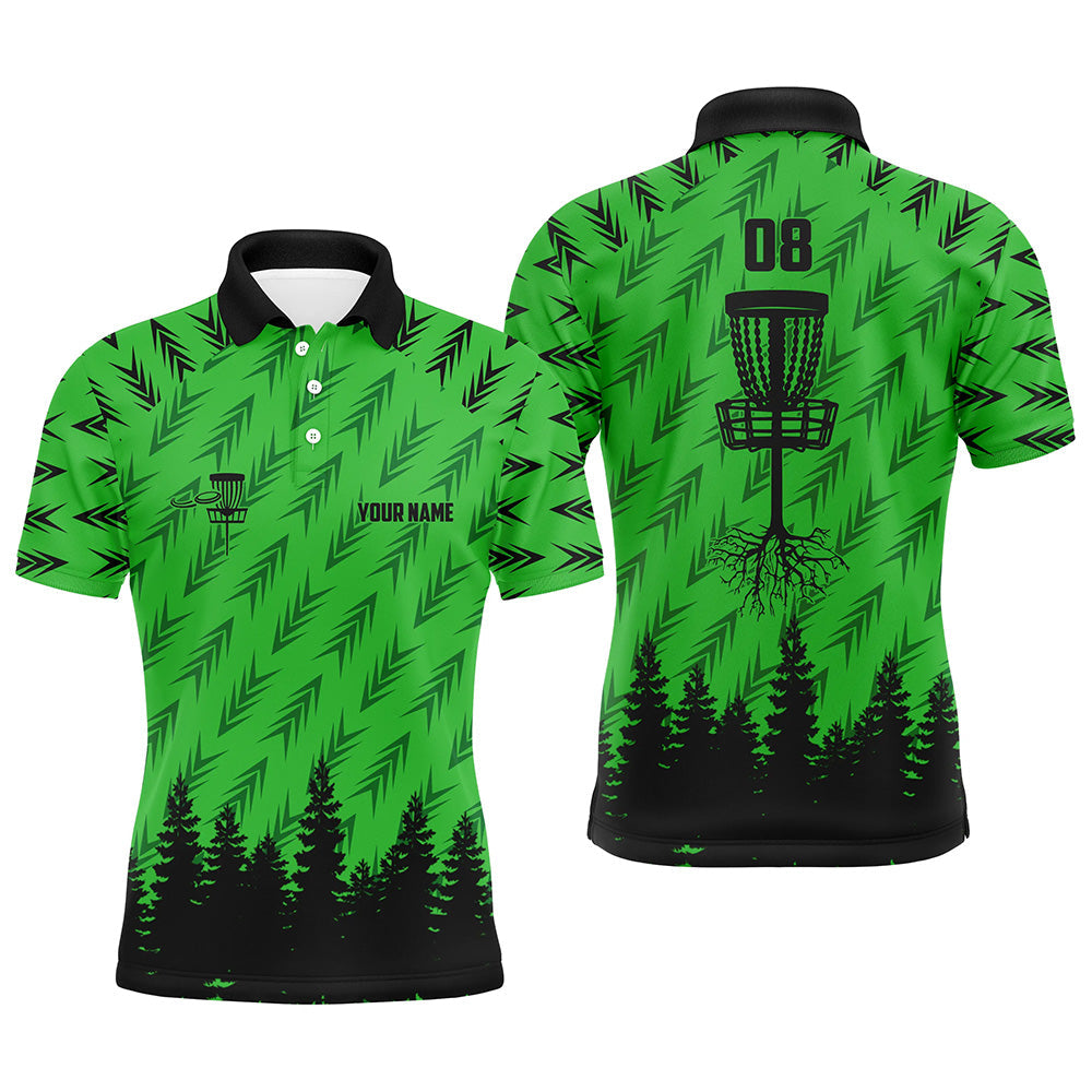 Mens disc golf polo shirt custom name, number disc golf basket camo Woods mens disc golf jersey| Green NQS6439