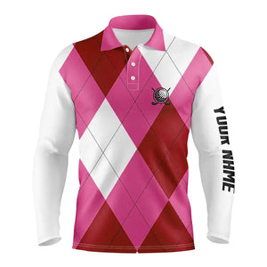 Mens golf polos shirts custom pink and white golf argyle plaid pattern, personalized golf gifts NQS6455