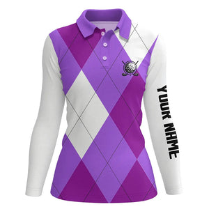 Womens golf polos shirts custom purple and white golf argyle plaid pattern, personalized golf gifts NQS6456