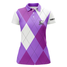 Load image into Gallery viewer, Womens golf polos shirts custom purple and white golf argyle plaid pattern, personalized golf gifts NQS6456