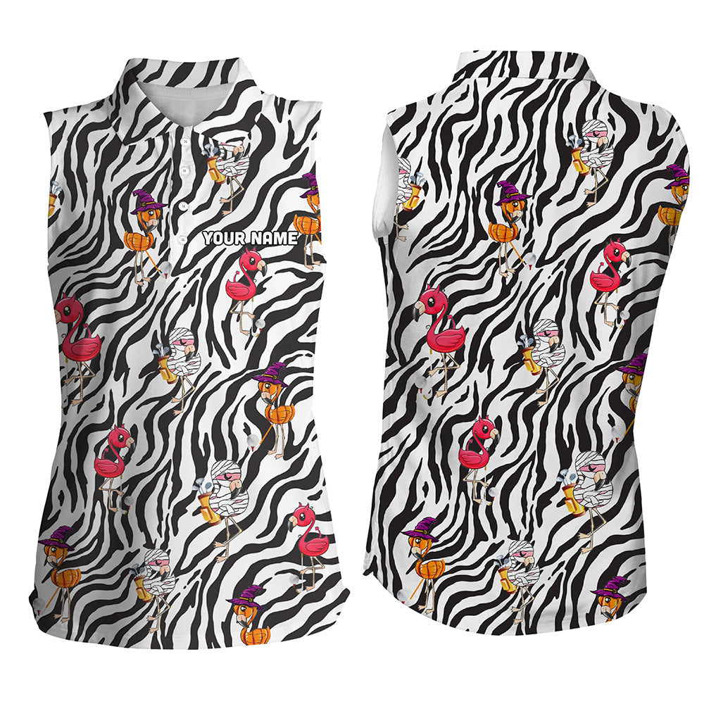 Halloween flamingo Womens sleeveless polo shirt custom black white zebra pattern golf tees for women NQS6465