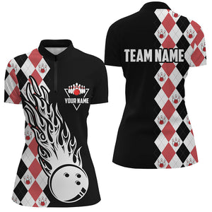 Black & red argyle pattern bowling fire Quarter Zip shirt for women custom bowling team league jerseys NQS6912