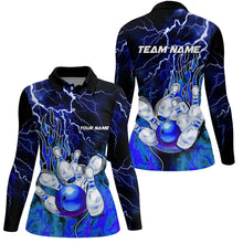 Load image into Gallery viewer, Women Bowling Polo Shirts Custom blue lightning thunder Bowling Team Jersey, gift for team Bowlers NQS7078