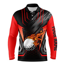 Load image into Gallery viewer, Black and red golf ball fire Mens golf polo shirts custom golfing gifts, best mens golf tops NQS7087