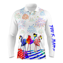 Load image into Gallery viewer, Mens golf polo shirts Flamingo American flag custom name red white and blue flamingo polo shirt NQS4231