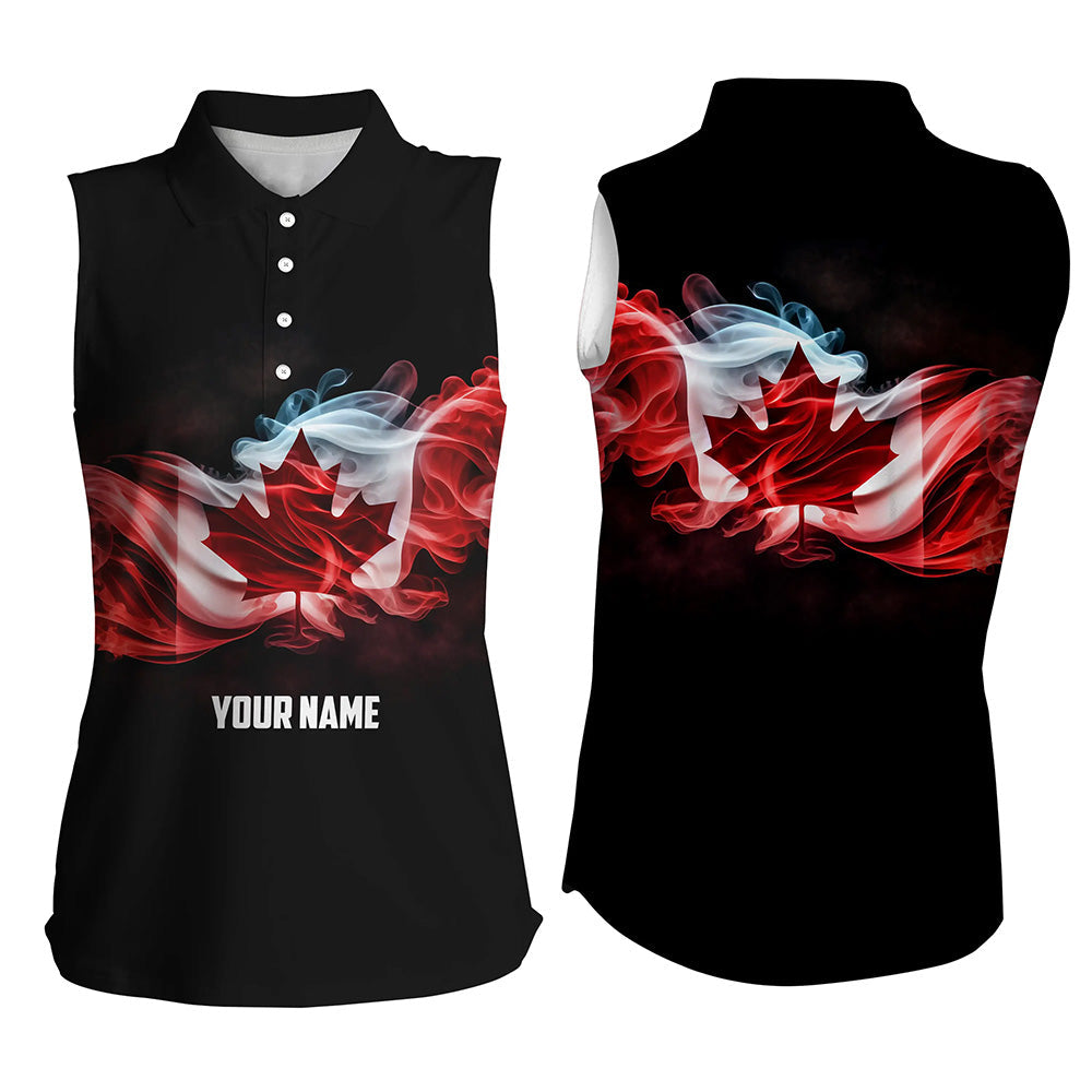 Womens sleeveless polo shirt custom smoke Canadian flag patriotic black golf tops for ladies NQS6485