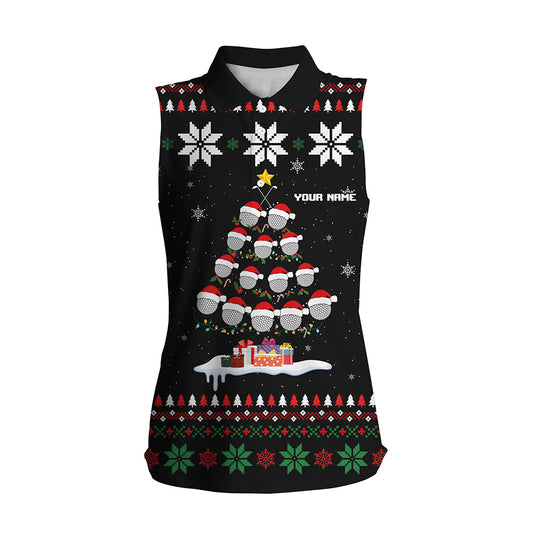 Ugly Christmas argyle pattern Women sleeveless polo shirts custom golf ball tree Xmas Gift For Golfer NQS6751