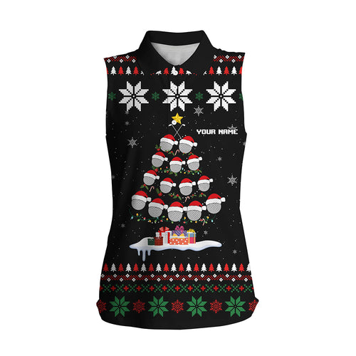 Ugly Christmas argyle pattern Women sleeveless polo shirts custom golf ball tree Xmas Gift For Golfer NQS6751