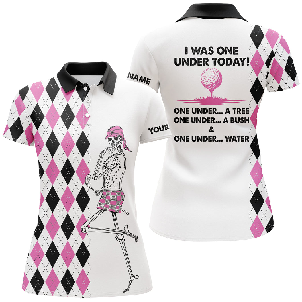 Golf skull women golf polo shirts custom I was one under today one under a tree, bush and water | Pink NQS4630