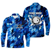 Load image into Gallery viewer, Bowling polo shirts for men Custom bowling ball and pins blue camo Bowling Team Jersey NQS6285