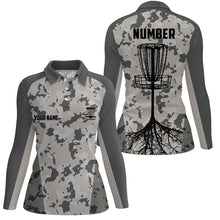 Load image into Gallery viewer, Disc golfing grey camo Womens disc golf polo shirts custom team disc golf attire, disc golf jerseys NQS6952