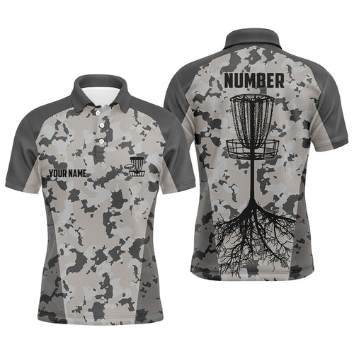 Disc golfing grey camo Mens disc golf polo shirts custom team disc golf attire, disc golf jerseys NQS6952