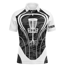 Load image into Gallery viewer, Black and white Mens disc golf polo shirt custom name disc golf basket, disc golfer gift ideas NQS4487