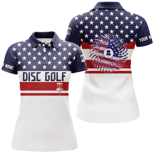 American flag patriot custom name Womens disc golf polo shirt, personalized gifts for disc golf lovers NQS4490