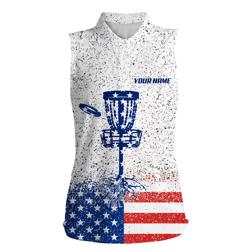 American flag disc golf Womens sleeveless polo shirt custom name patriotic golf polo shirts for women NQS4643