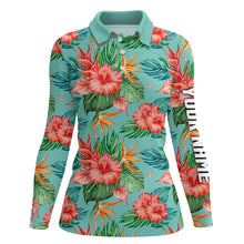 Load image into Gallery viewer, Womens golf polos shirts custom name green tropical flower hibiscus pattern golf tops for ladies NQS7130