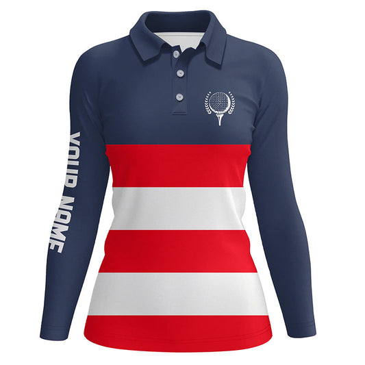 Red, white and blue stripe custom name Womens golf polos shirts, patriot women's golf attire  NQS7135