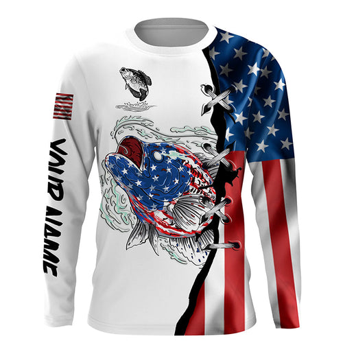 Crappie fishing legend American flag patriot UV protection Customize name long sleeves fishing shirts NQS4492