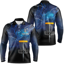 Load image into Gallery viewer, Mens disc golf polo shirt custom blue lightning thunder disc golf shirt, mens disc golf tops NQS7142