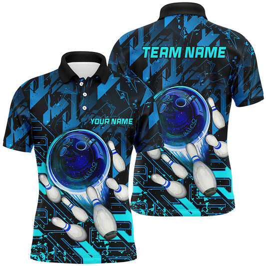 Mens Bowling polo shirts Custom blue abstract Bowling Team league Jerseys, bowling gifts for bowlers NQS7247