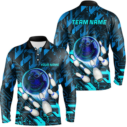 Mens Bowling polo shirts Custom blue abstract Bowling Team league Jerseys, bowling gifts for bowlers NQS7247