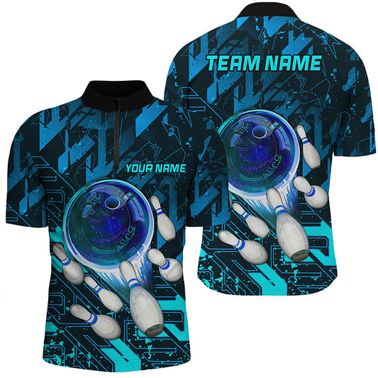 Men bowling Quarter Zip shirts Custom blue abstract Bowling Team league Jerseys, gifts for bowlers NQS7247