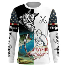 Load image into Gallery viewer, Striped bass fishing American flag UV protection customize name long sleeves UPF 30+ fishing apparel NQS2179
