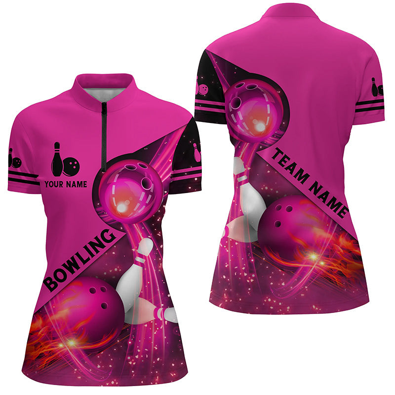 Pink flame Bowling Shirts For Women Bowling Team League Jersey Custom light Bowling Quarter Zip Shirt NQS6541