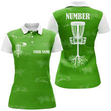 Load image into Gallery viewer, Green and white Womens disc golf polo shirt custom disc golf basket, personalized disc golf gifts NQS7251