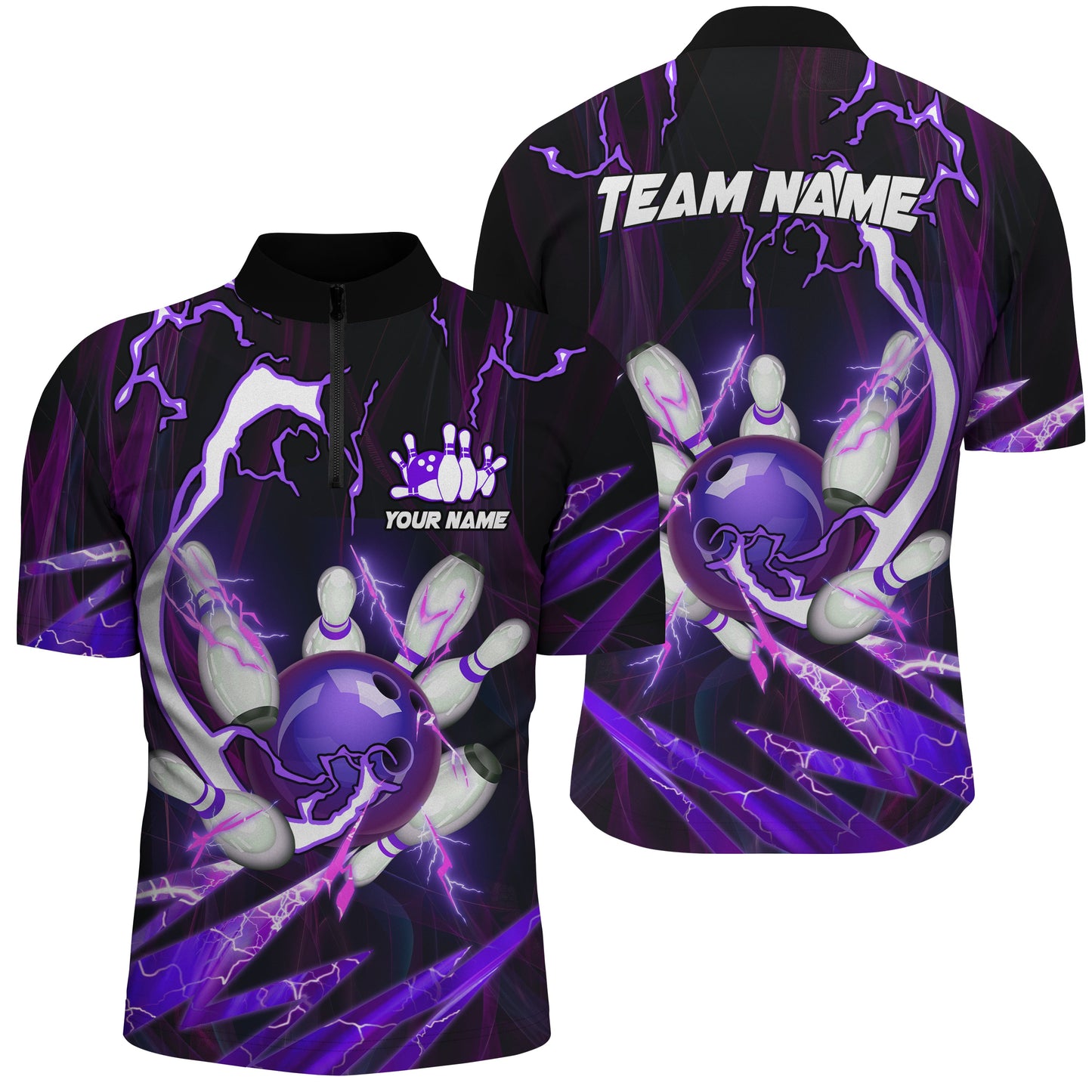 Flame lightning thunder bowling ball pins Custom Team Bowling Quarter Zip Shirts For Men | Purple NQS6550