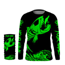 Load image into Gallery viewer, Fish skeleton reaper green black sun protection performance custom name long sleeve fishing jerseys NQS3578