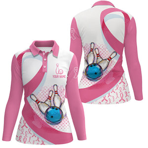 Women bowling polo shirt Custom Pink Ribbon bowling ball pins Breast Cancer Awareness bowling jerseys NQS6338