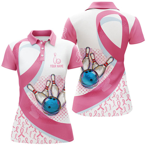 Women bowling polo shirt Custom Pink Ribbon bowling ball pins Breast Cancer Awareness bowling jerseys NQS6338