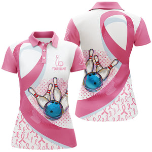 Women bowling polo shirt Custom Pink Ribbon bowling ball pins Breast Cancer Awareness bowling jerseys NQS6338