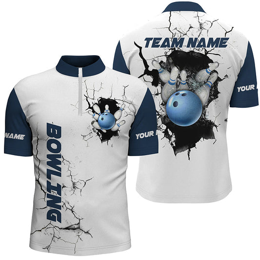 Men bowling Quarter Zip shirts Custom Bowling ball pins Team league Jerseys, gifts for bowlers | Blue NQS7270