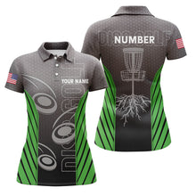 Load image into Gallery viewer, Womens disc golf polo shirt custom name, number camo disc golf jersey, ladies disc golf apparel| Green NQS6345