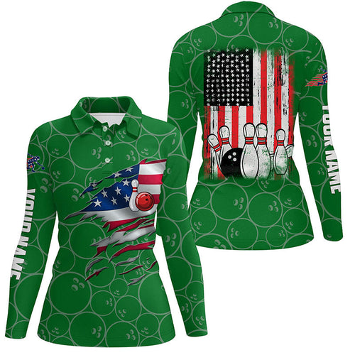Bowling Polo shirt for women custom green vintage American flag bowling jerseys NQS6562