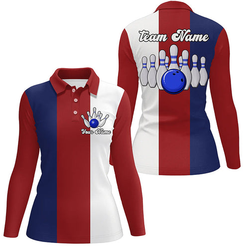 Personalized Red white and blue Retro Bowling Polo shirt For women custom vintage bowling team jerseys NQS6569