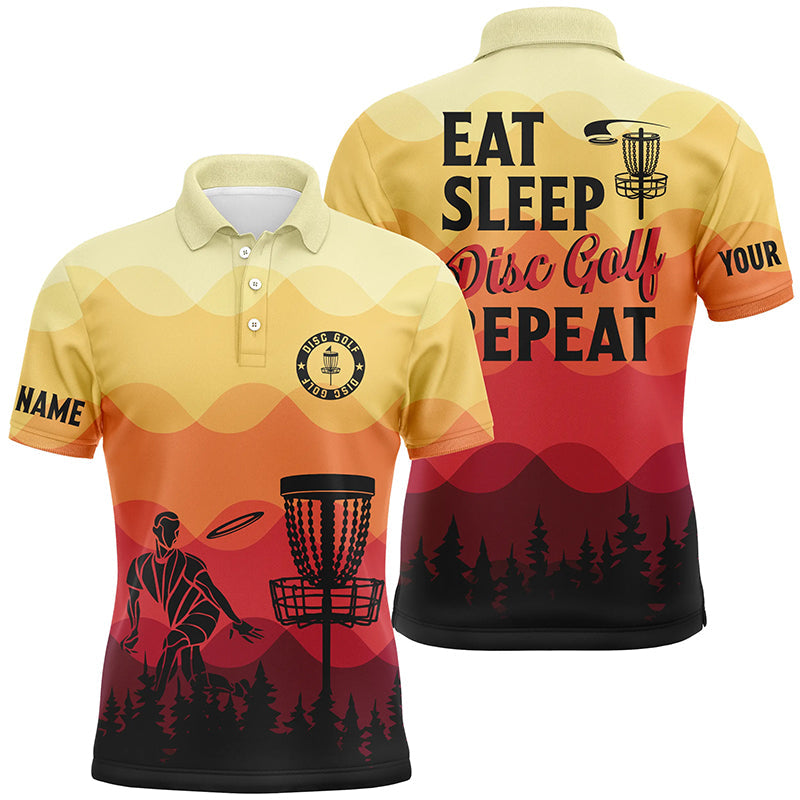 Sunset pattern Mens Disc golf polo shirts custom Eat sleep Disc golf repeat jersey, disc golf shirt NQS6826