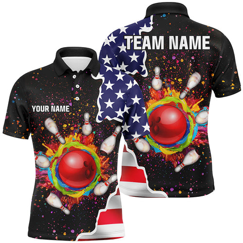 American flag colorful painted Bowling ball pins Custom Team League jersey Bowling Polo Shirts For Men NQS6580