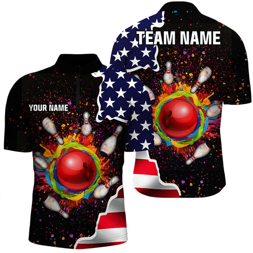 American flag colorful painted Bowling ball pins Custom Team League Bowling Quarter Zip Shirts For Men NQS6580